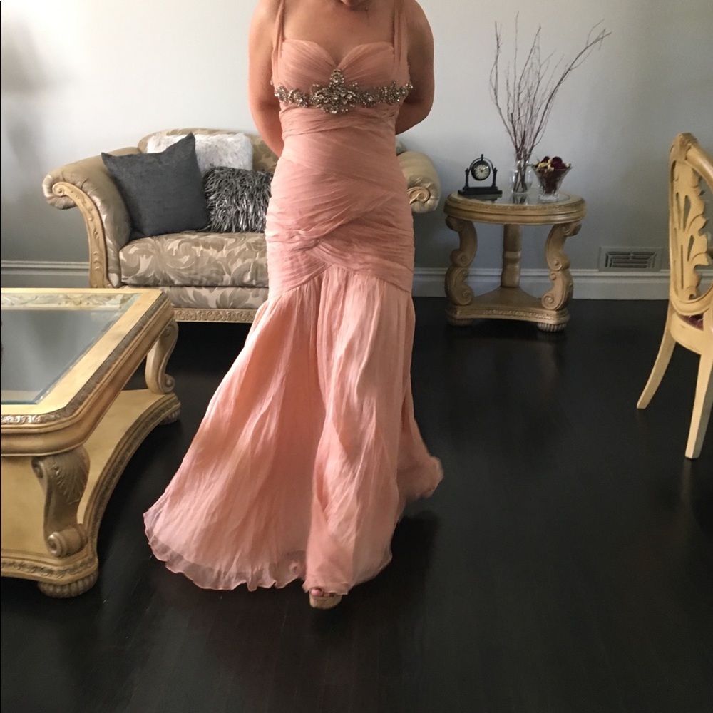 DELICATE SILK CHIFFON GOWN IN SALMON PINK, SIZE 14